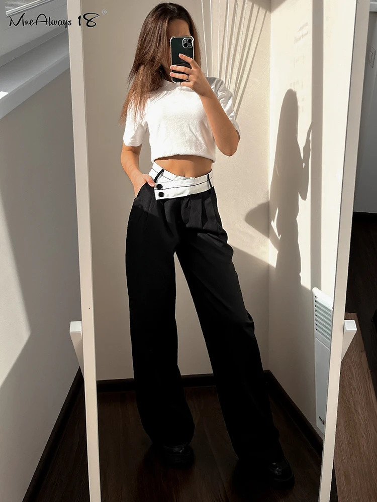 Mnealways18 Patchwork Wide Leg Pants Women Black Contrast Casual High Waist Autumn Winter Baggy Trouser Office Ladies 231229