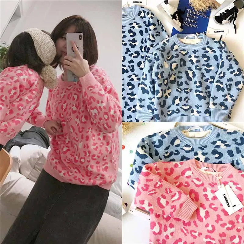 Tonytaobaby Winterwear Baby Leopard Knitted Jacquard Plush Sweater Parent-Child Dress 231229