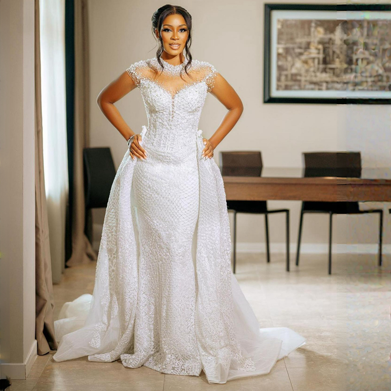 Aso Ebi Wedding Dresses Sheer Neck Illusion Short Sleeves Tulle Lace Bridal Gowns for African Black Women Bride Mermaid Marriage Dress with Detachable