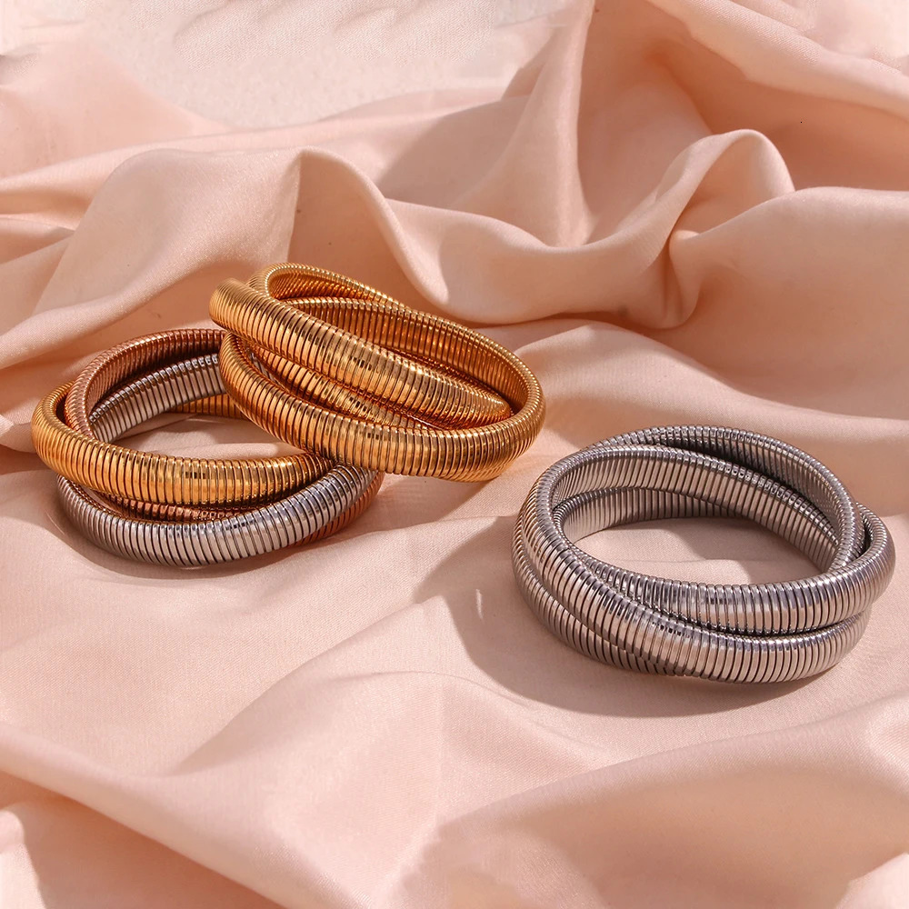 Stainless Steel PVD Gold Plated Silver Color Mixed 3 Layers Wrapped Bracelets Bangles For Women Elastic Chain Bangle 231229
