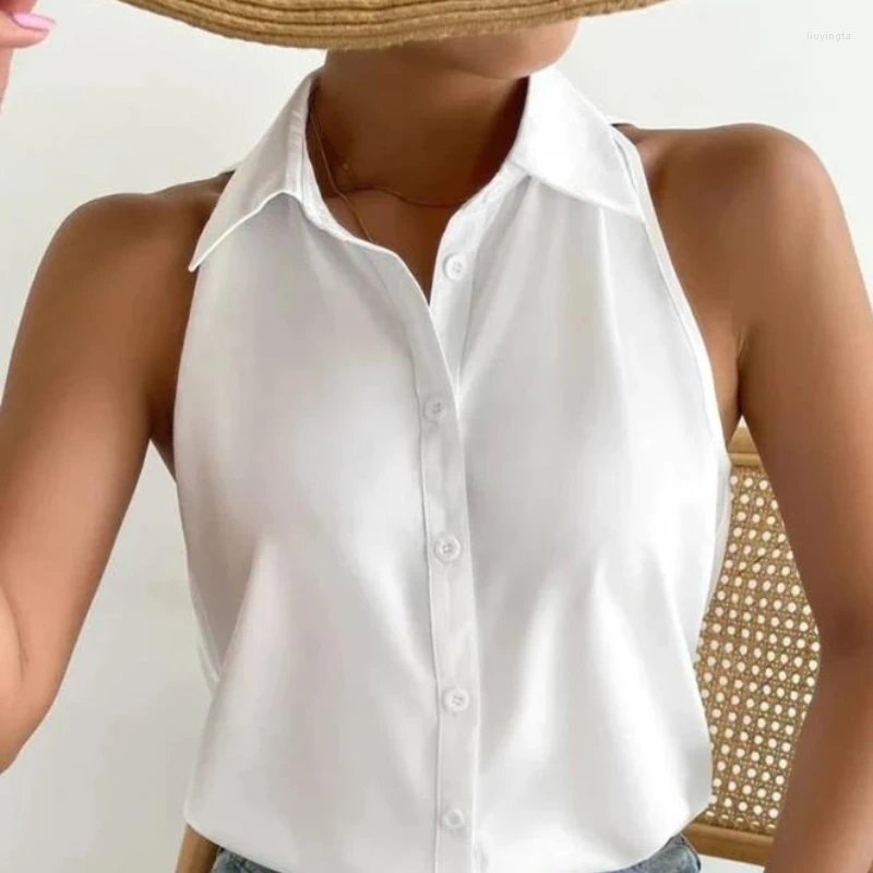 Women's White Sleeveless Blouse Summer Casual Top - Polyester, Turn Down Collar, Buttoned, Loose Fit, Beige B4