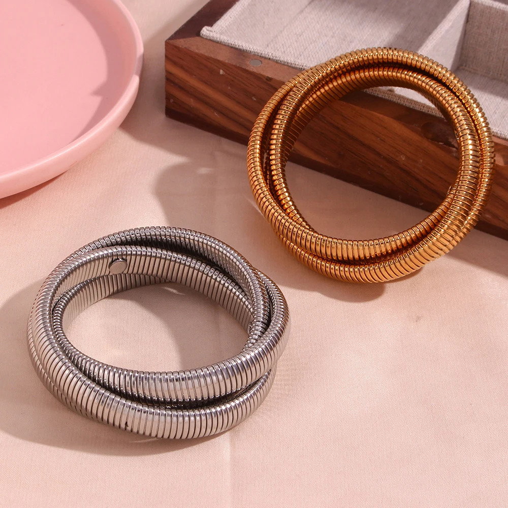 Stainless Steel PVD Gold Plated Silver Color Mixed 3 Layers Wrapped Bracelets Bangles For Women Elastic Chain Bangle 231229