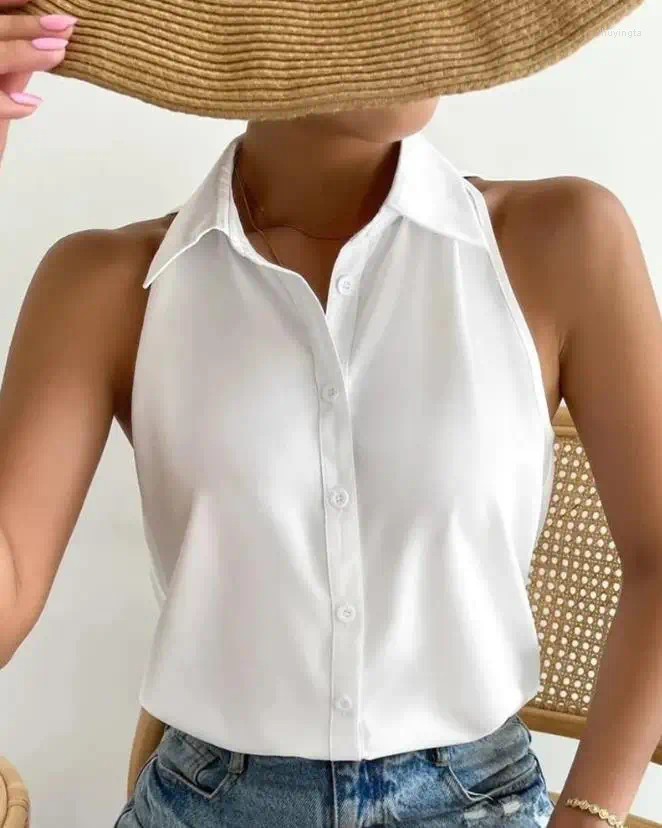 Women's White Sleeveless Blouse Summer Casual Top - Polyester, Turn Down Collar, Buttoned, Loose Fit, Beige B4