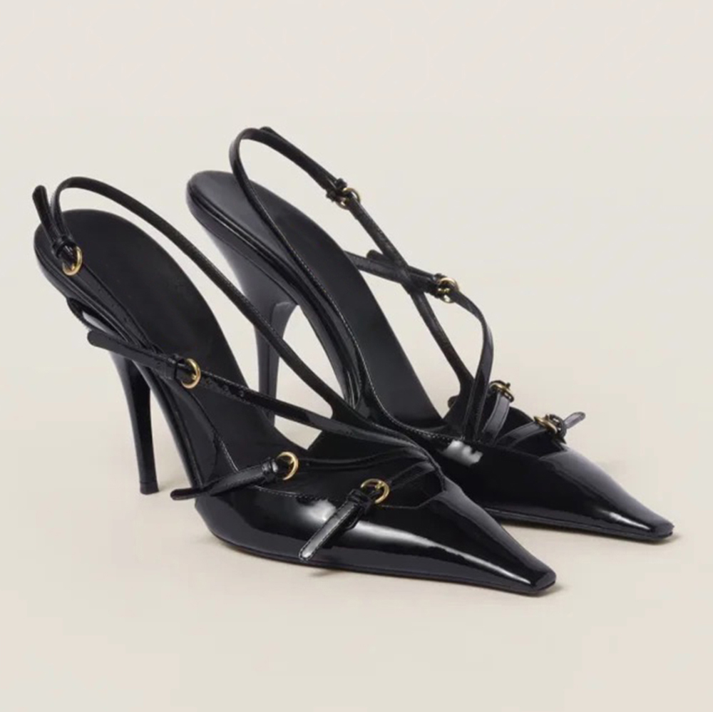 Patent Leather Slingback Womens Sandals Pumps Metal Buckle Embellished 100mm Stiletto Women Wedding Luxury Designer pointed toe fashion Evening Dress Party shoes