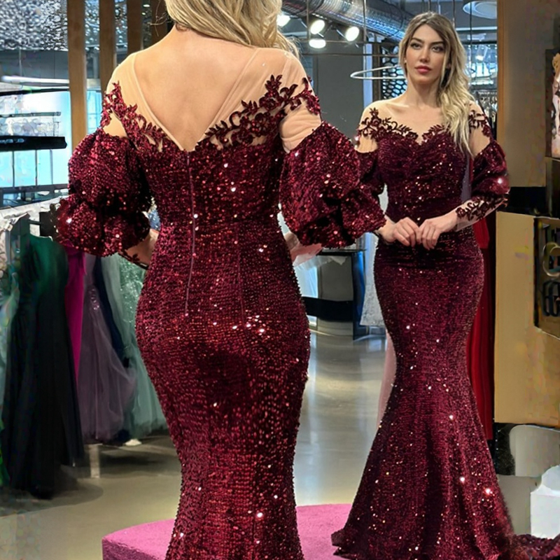 Black Mother of The Bride Plus Size Illusion Sheer Neck Long Sleeves Tulle Gorgeous Mother's Dress Mermaid Sequined Lace Satin Formal Evening Gow