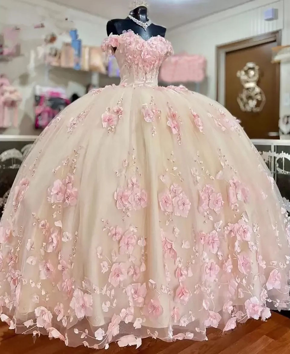 Quinceanera Dresses Ivory Party Prom Ball Gown Tulle Custom Plus Size Lace Up New Beaded Off-Shoulder Vestido De For Sweet 15 Sleeveless Pink 3D Flora