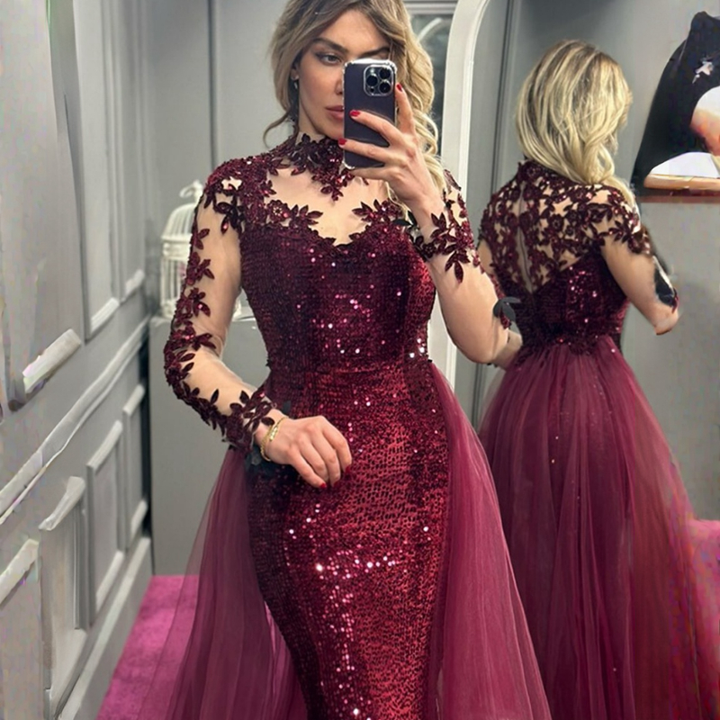 Of Burry Bride Dresses Mermaid Plus Size High Neck Long Sleeves Sequined Lace Mother Dress With Detachable Tulle Train For Black Women Girls M148 0616