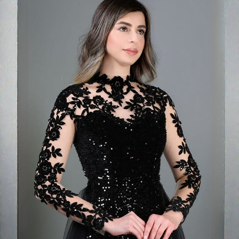 Of Burry Bride Dresses Mermaid Plus Size High Neck Long Sleeves Sequined Lace Mother Dress With Detachable Tulle Train For Black Women Girls M148 0616