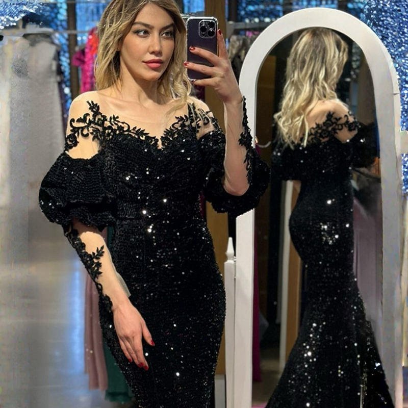 Black Mother of The Bride Plus Size Illusion Sheer Neck Long Sleeves Tulle Gorgeous Mother's Dress Mermaid Sequined Lace Satin Formal Evening Gow