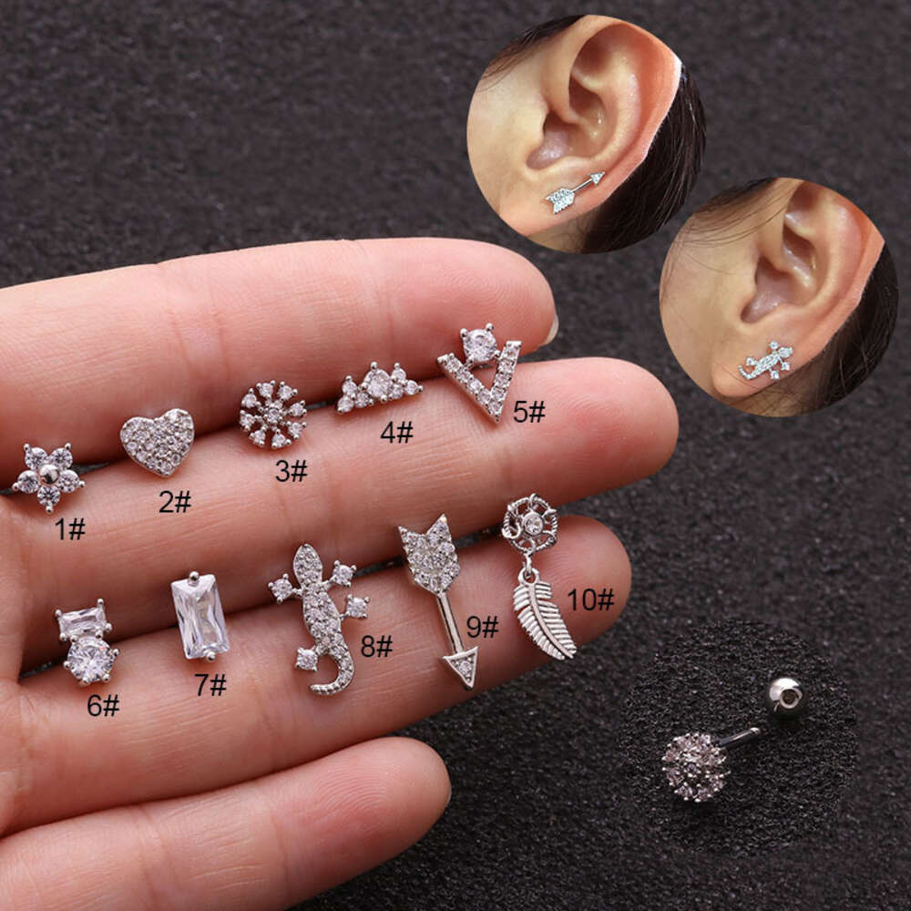 Wolf Tide Screw Barbell Earring Ball Studs Surgical Stainless Steel Earring Snew Creative Earrings Arrow Square Cubic Zirconia Cartilage Piercing Body