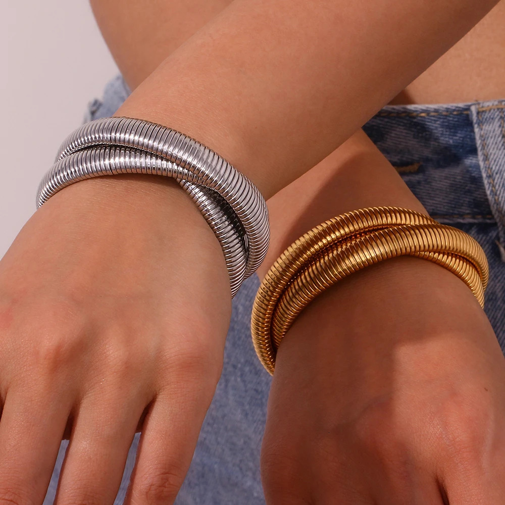 Stainless Steel PVD Gold Plated Silver Color Mixed 3 Layers Wrapped Bracelets Bangles For Women Elastic Chain Bangle 231229