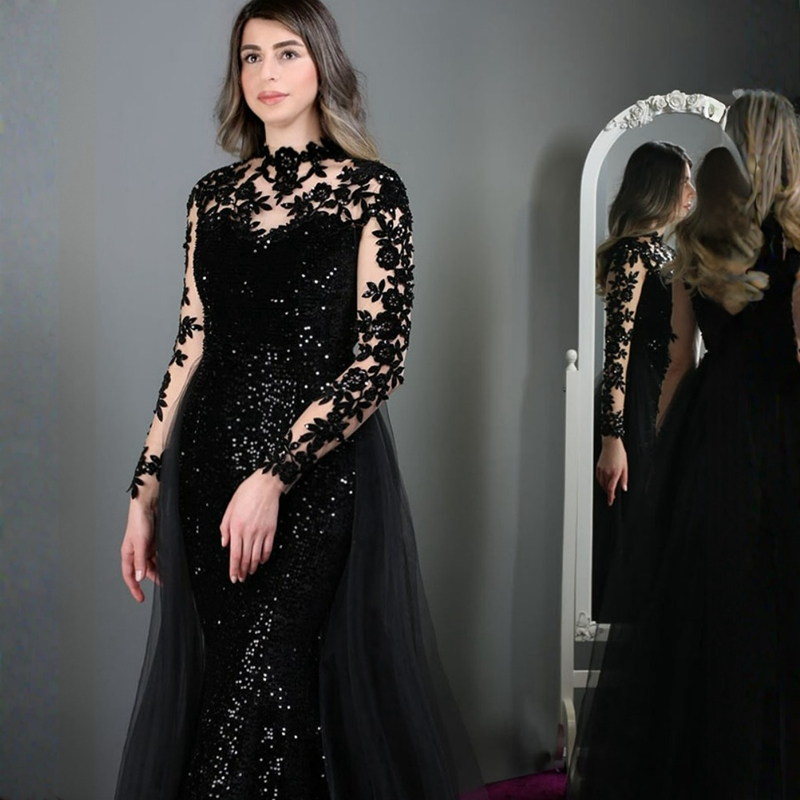 Of Burry Bride Dresses Mermaid Plus Size High Neck Long Sleeves Sequined Lace Mother Dress With Detachable Tulle Train For Black Women Girls M148 0616