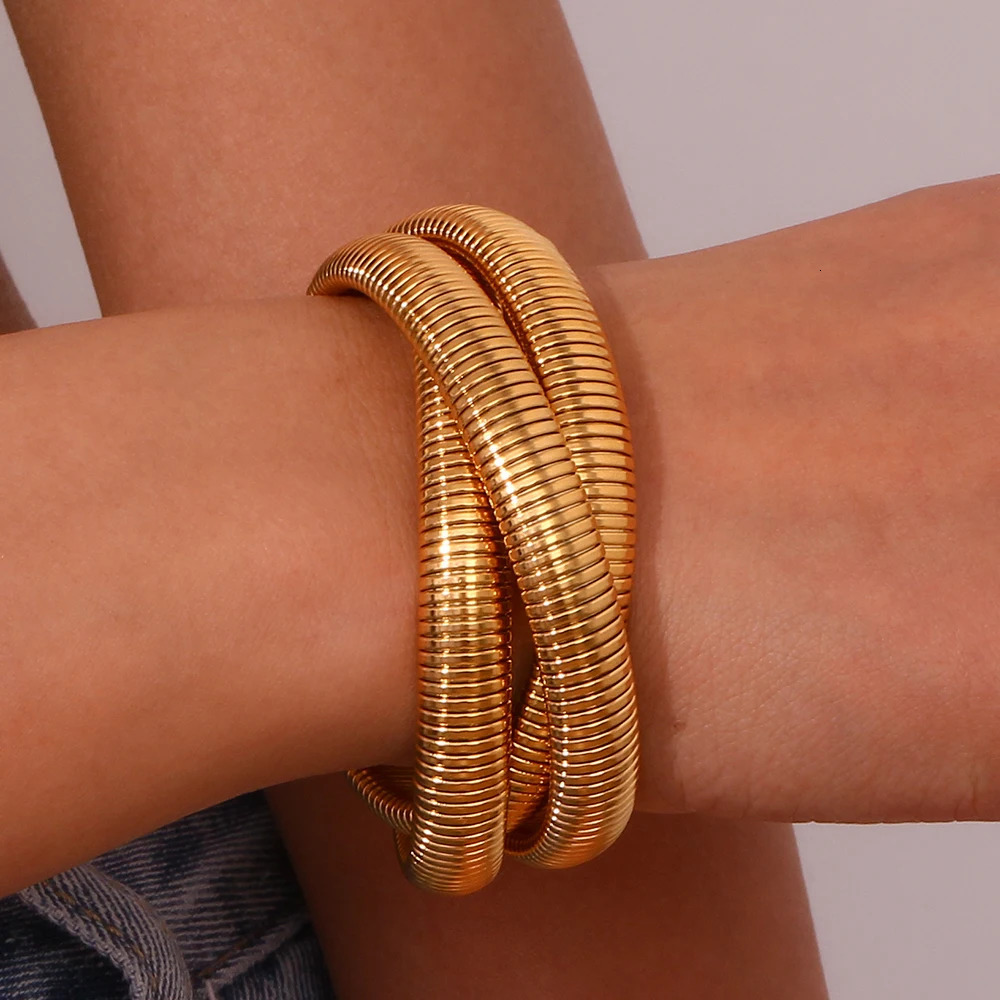 Stainless Steel PVD Gold Plated Silver Color Mixed 3 Layers Wrapped Bracelets Bangles For Women Elastic Chain Bangle 231229
