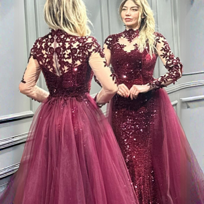 Of Burry Bride Dresses Mermaid Plus Size High Neck Long Sleeves Sequined Lace Mother Dress With Detachable Tulle Train For Black Women Girls M148 0616
