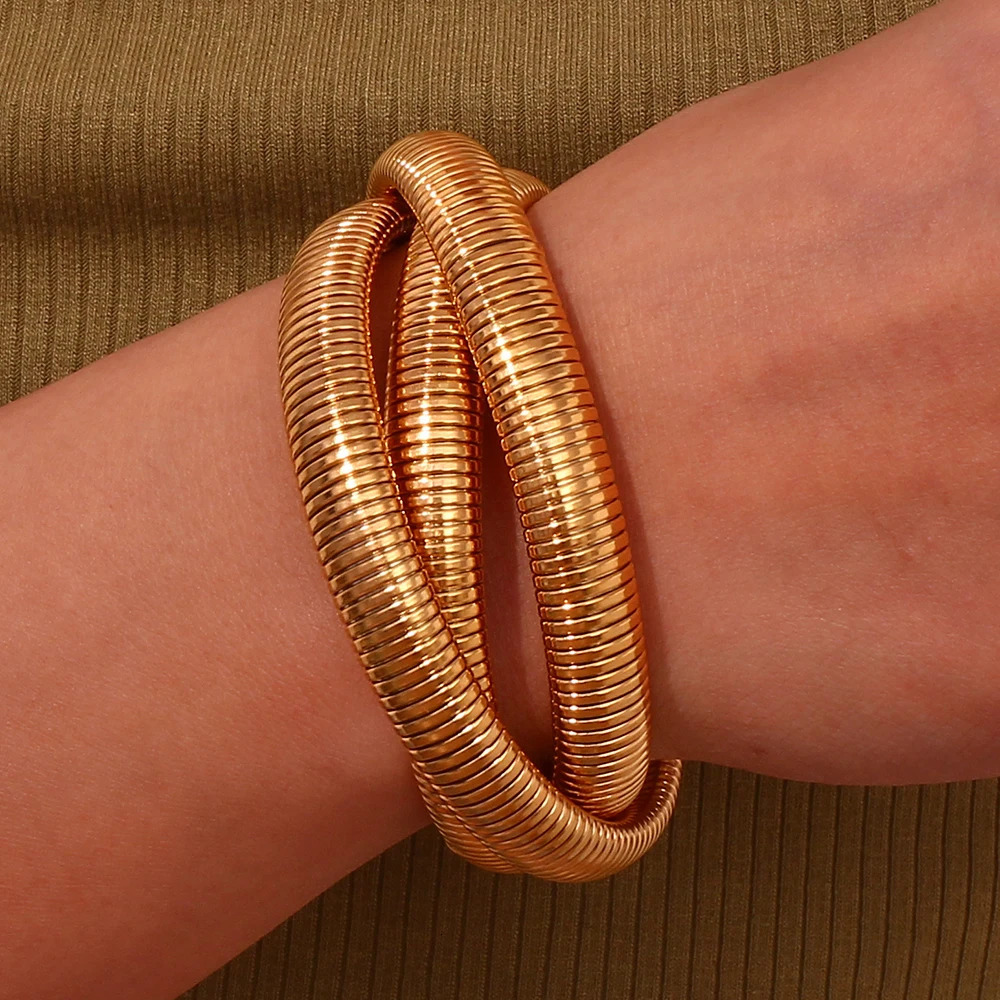 Stainless Steel PVD Gold Plated Silver Color Mixed 3 Layers Wrapped Bracelets Bangles For Women Elastic Chain Bangle 231229