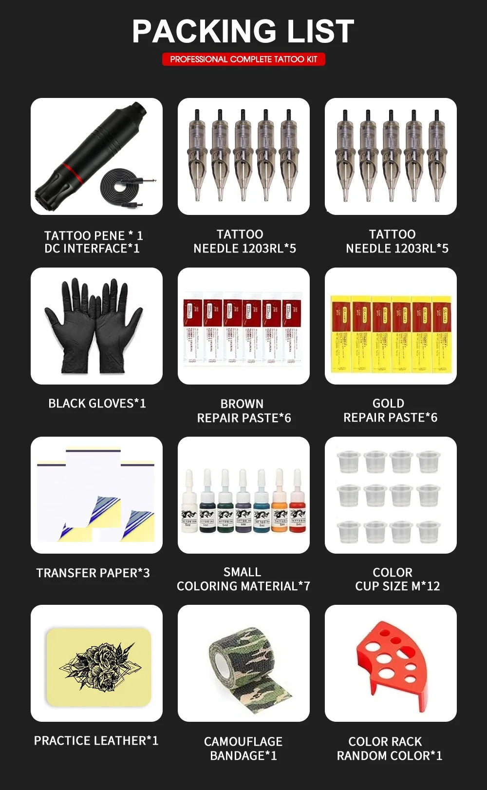 Professional Tattoo Machine Kit Complete DC Jack Rotary Machine Pen with 10pc Cartridge Needle 7pc Ink For Tattoo Beginner Sets 231229