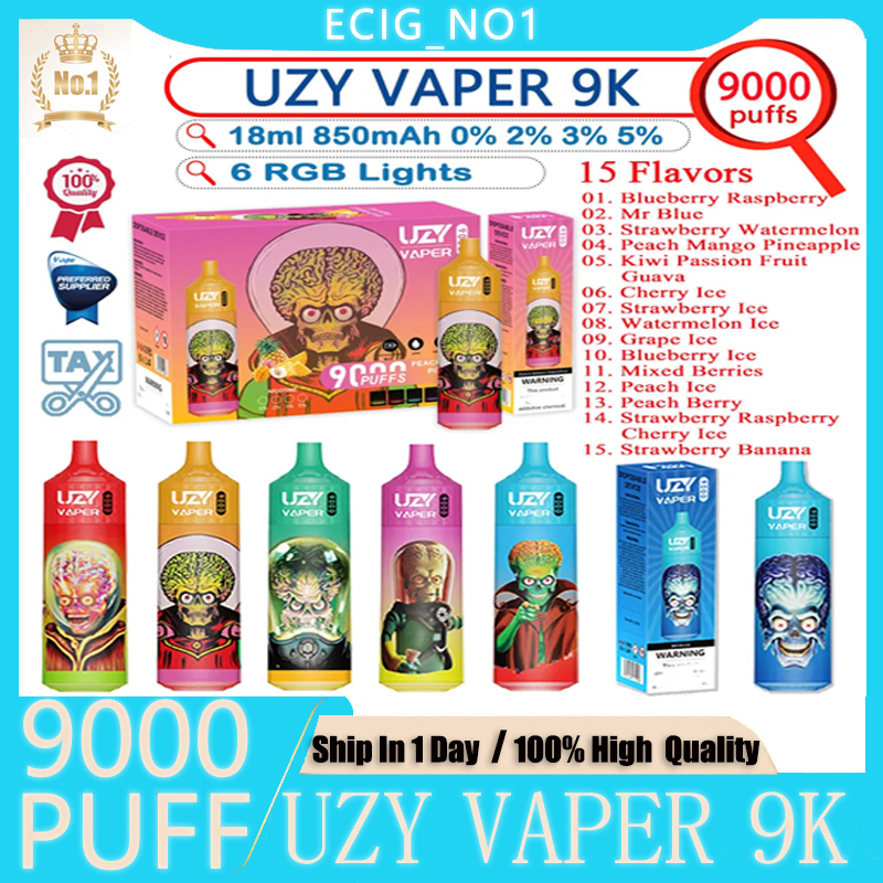 VAPER 9000 Puffs Puff 9000 9k Disposable NEW! Original UZY E-cigarettes Features Mesh Coil 18ml Disposables Vapes Pen Tornado 9000 0 2 3 5% Rechargeable 850mAh RGB