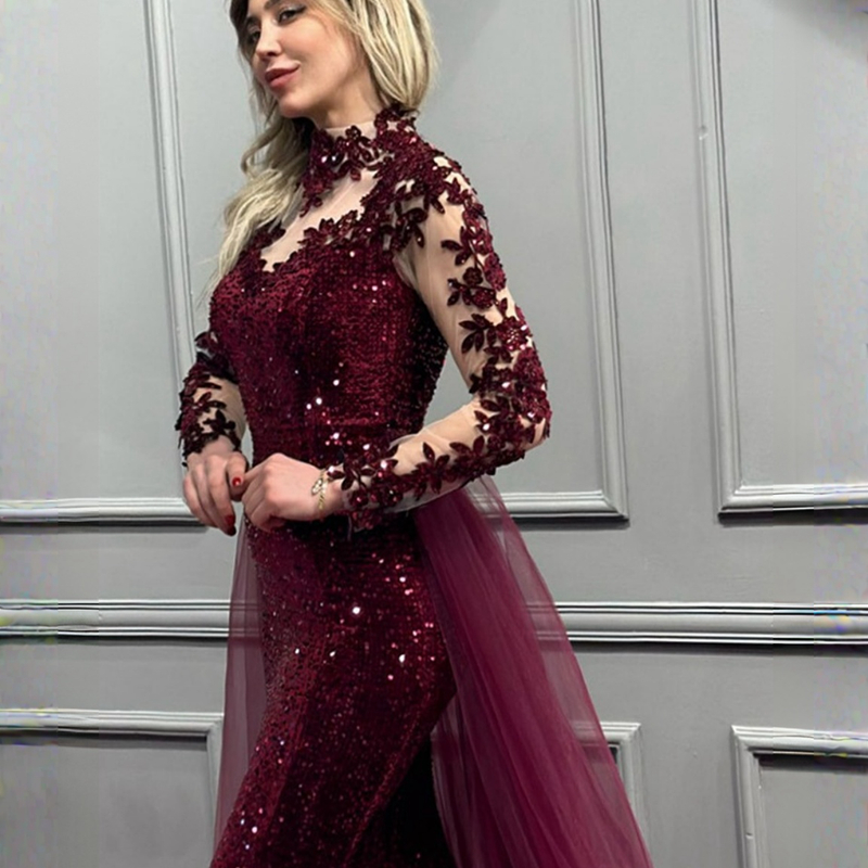 Of Burry Bride Dresses Mermaid Plus Size High Neck Long Sleeves Sequined Lace Mother Dress With Detachable Tulle Train For Black Women Girls M148 0616