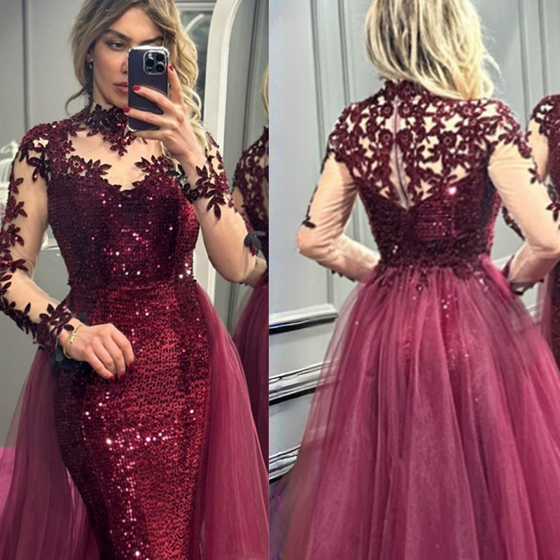 Of Burry Bride Dresses Mermaid Plus Size High Neck Long Sleeves Sequined Lace Mother Dress With Detachable Tulle Train For Black Women Girls M148 0616