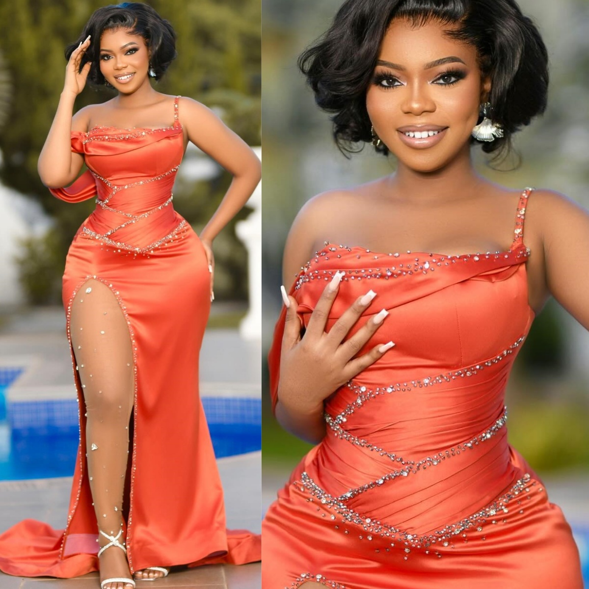 Orange Elegant Evening dresses Pleated Mermaid High Split Prom Dresses Sepcial Ocns Beaded Simple Dinner Gowns Birthday Party Dress for Black Women ST