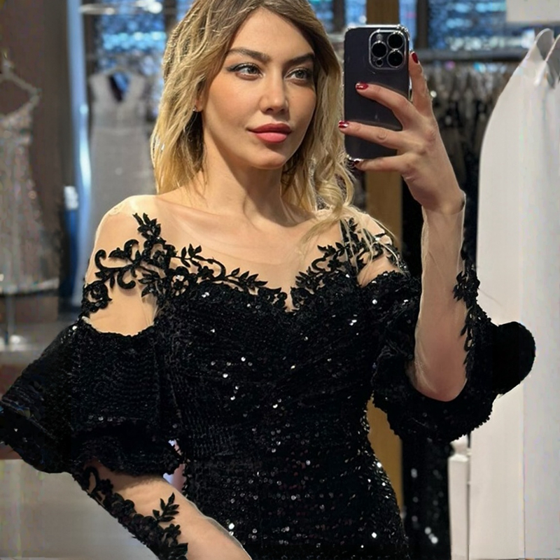 Black Mother of The Bride Plus Size Illusion Sheer Neck Long Sleeves Tulle Gorgeous Mother's Dress Mermaid Sequined Lace Satin Formal Evening Gow