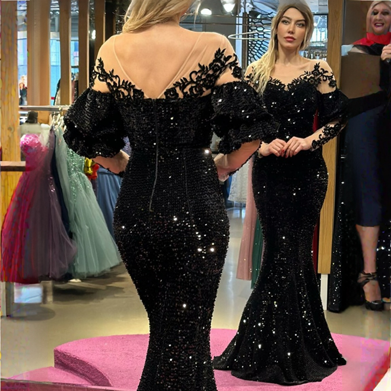 Black Mother of The Bride Plus Size Illusion Sheer Neck Long Sleeves Tulle Gorgeous Mother's Dress Mermaid Sequined Lace Satin Formal Evening Gow