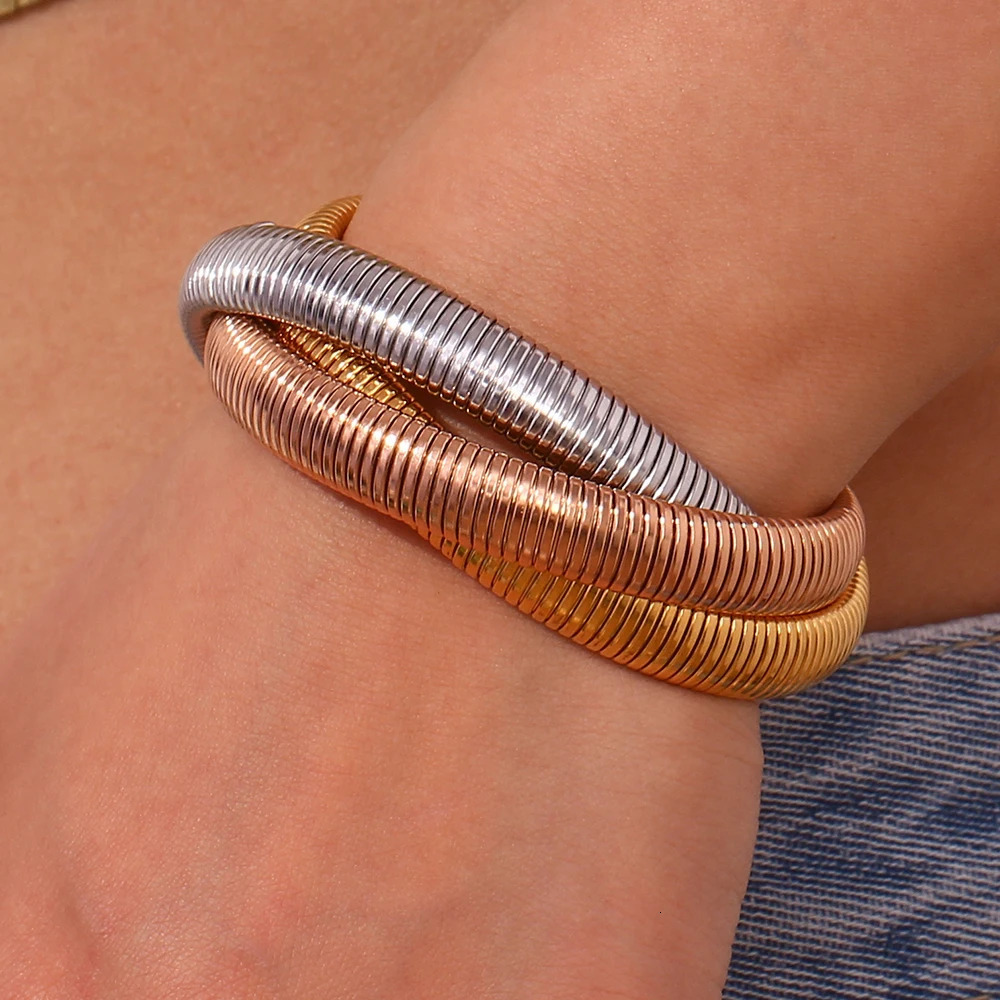 Stainless Steel PVD Gold Plated Silver Color Mixed 3 Layers Wrapped Bracelets Bangles For Women Elastic Chain Bangle 231229