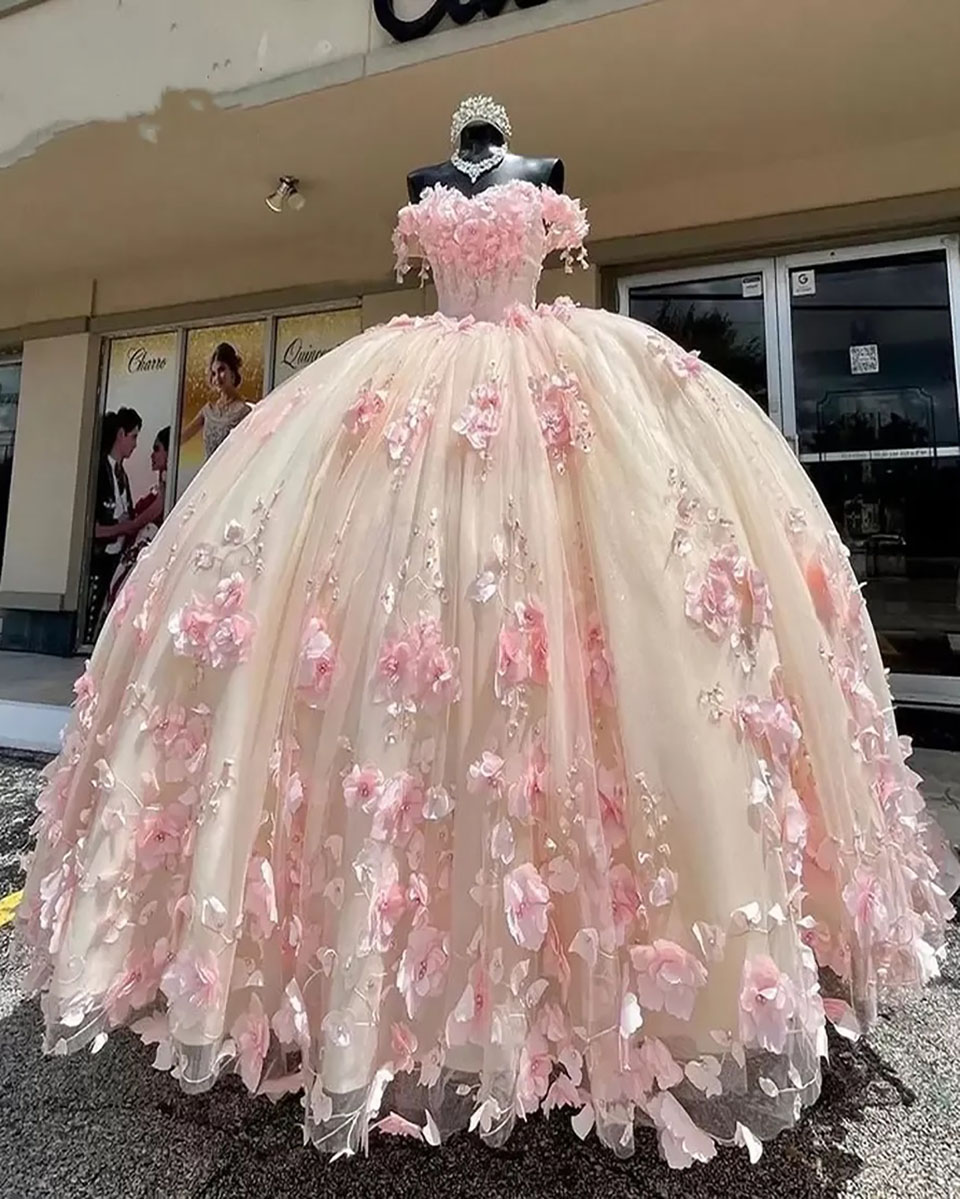 Quinceanera Dresses Ivory Party Prom Ball Gown Tulle Custom Plus Size Lace Up New Beaded Off-Shoulder Vestido De For Sweet 15 Sleeveless Pink 3D Flora