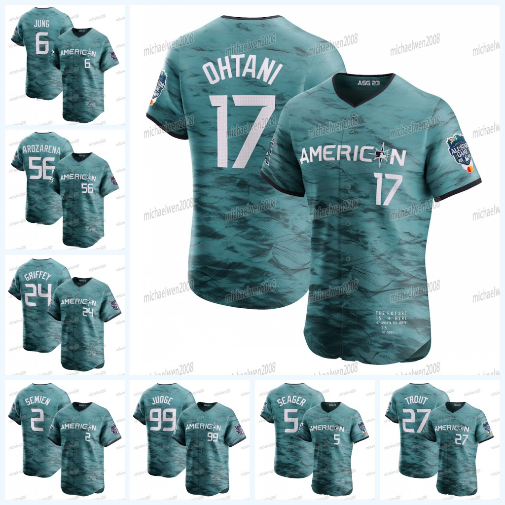 2023 All Star Game American League Jersey Shohei Ohtani Ken Griffey Jr. Aaron Judge Mike Trout Yandy Diaz Randy Arozarena Yordan Alvarez Josh Jung Corey Seager, Women cool base
2023 All Star Game American League Jersey Shohei Ohtani Ken Griffey Jr. Aaron Judge Mike Trout Yandy Diaz Randy Arozarena Yordan Alvarez Josh Jung Corey Seager, Women cool base