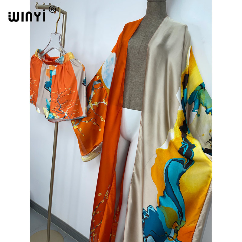 Women's Tracksuits WINYI two-piece suit Boho Printed Over Size V-neck long Sleeve Dress Women Silk feeling Floor Length Fashion dress 230630