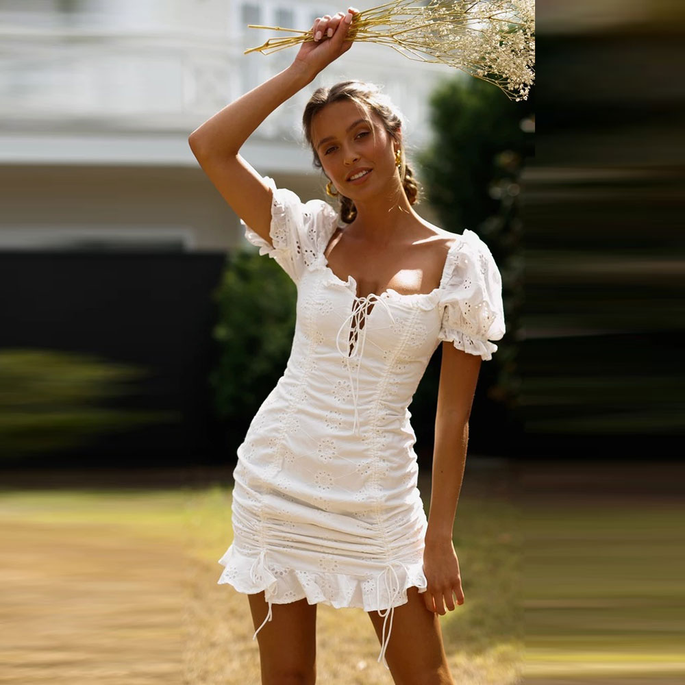 Summer Casual Women Boho Tie Up Solid Dress Bodycon Party Beach Dresses Sundress Ruffles White Cotton Dress Ves