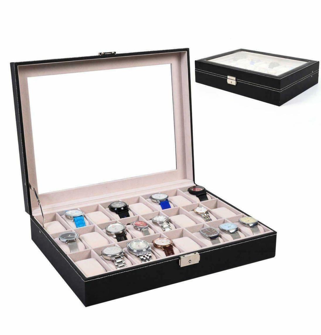 24 Slot Leather Watch Box Jewelry Large Storage Space Organizer wGlass Top1656666, Black
24 Slot Leather Watch Box Jewelry Large Storage Space Organizer wGlass Top1656666, Black