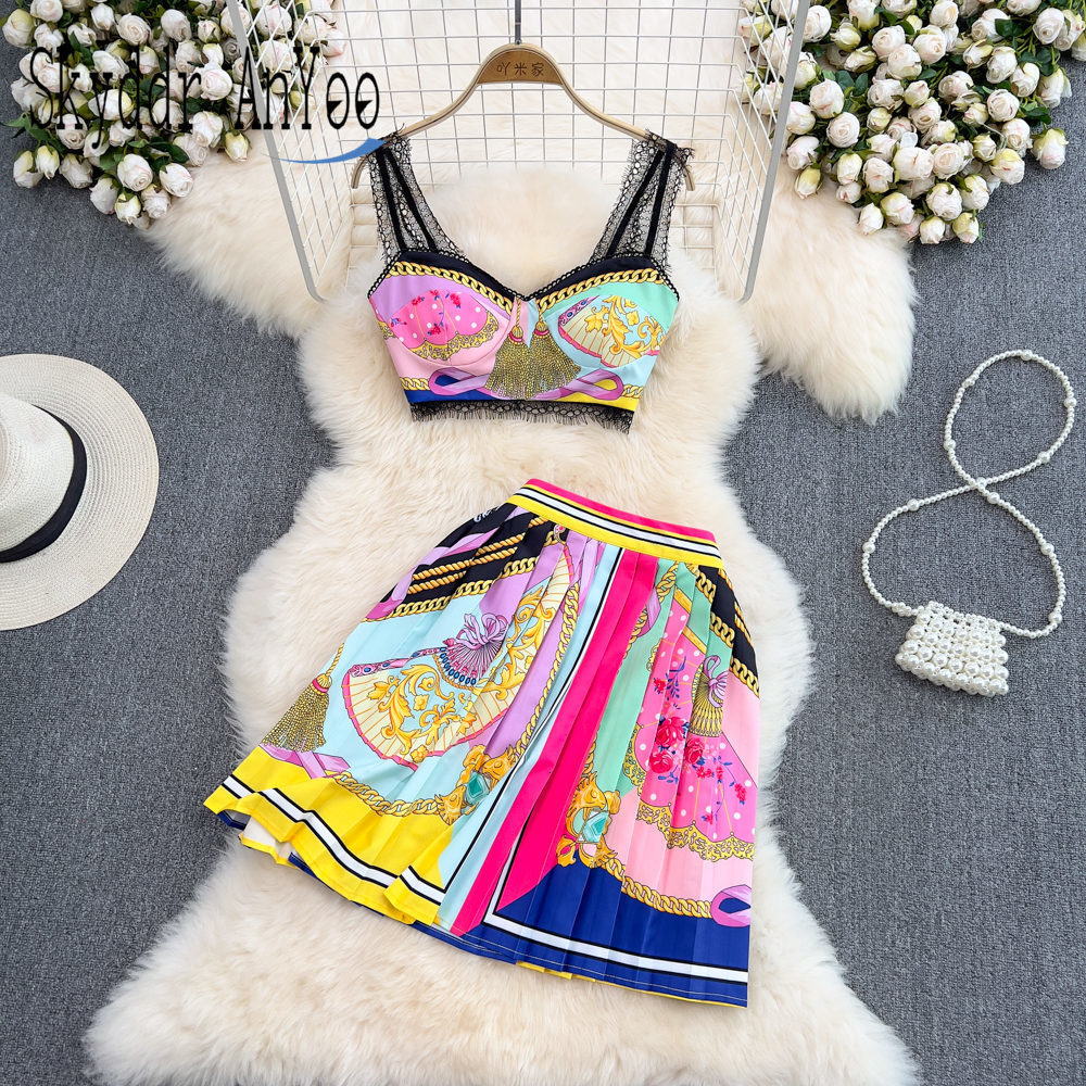 Basic Casual Dresses summer two piece set women's suit printed beach outfits for woman 2 pieces crop top high waist pleated skirt sexy 230630