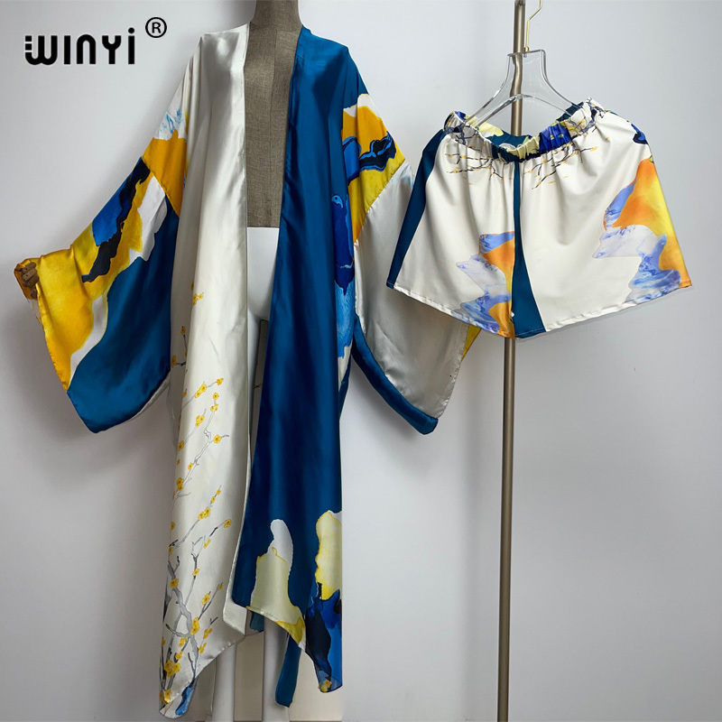 Women's Tracksuits WINYI two-piece suit Boho Printed Over Size V-neck long Sleeve Dress Women Silk feeling Floor Length Fashion dress 230630