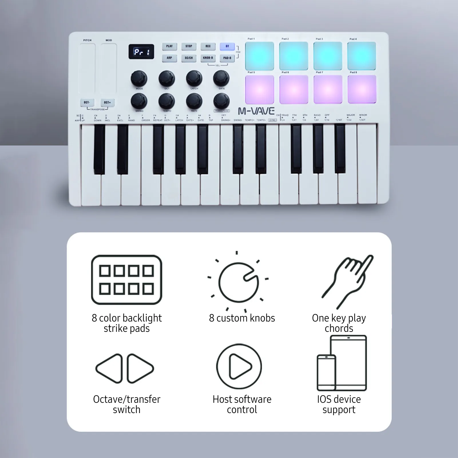 25-Key Mini USB MIDI Keyboard Controller - Velocity Sensitive Keys, 8 RGB Backlit Pads, 8 Knobs, M-VAVE Portable MIDI Control with Enhanced