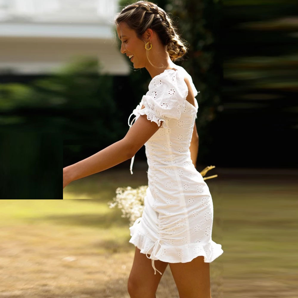 Summer Casual Women Boho Tie Up Solid Dress Bodycon Party Beach Dresses Sundress Ruffles White Cotton Dress Ves
