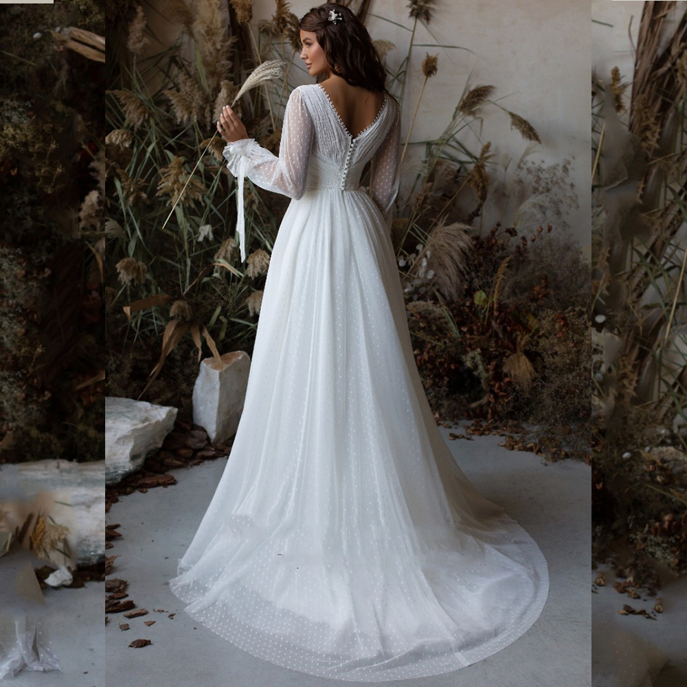 Beautiful Polka Dot A e Wedding Dresses V Neck Puffy Sleeve Lace Bridal Gown Pleat ed Boho Dress For Bride 326