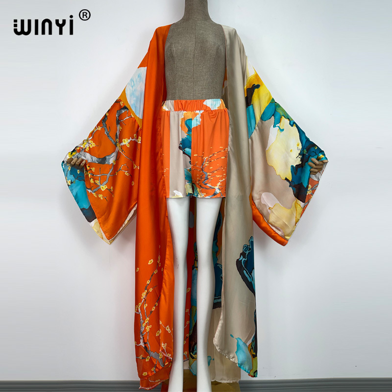 Women's Tracksuits WINYI two-piece suit Boho Printed Over Size V-neck long Sleeve Dress Women Silk feeling Floor Length Fashion dress 230630