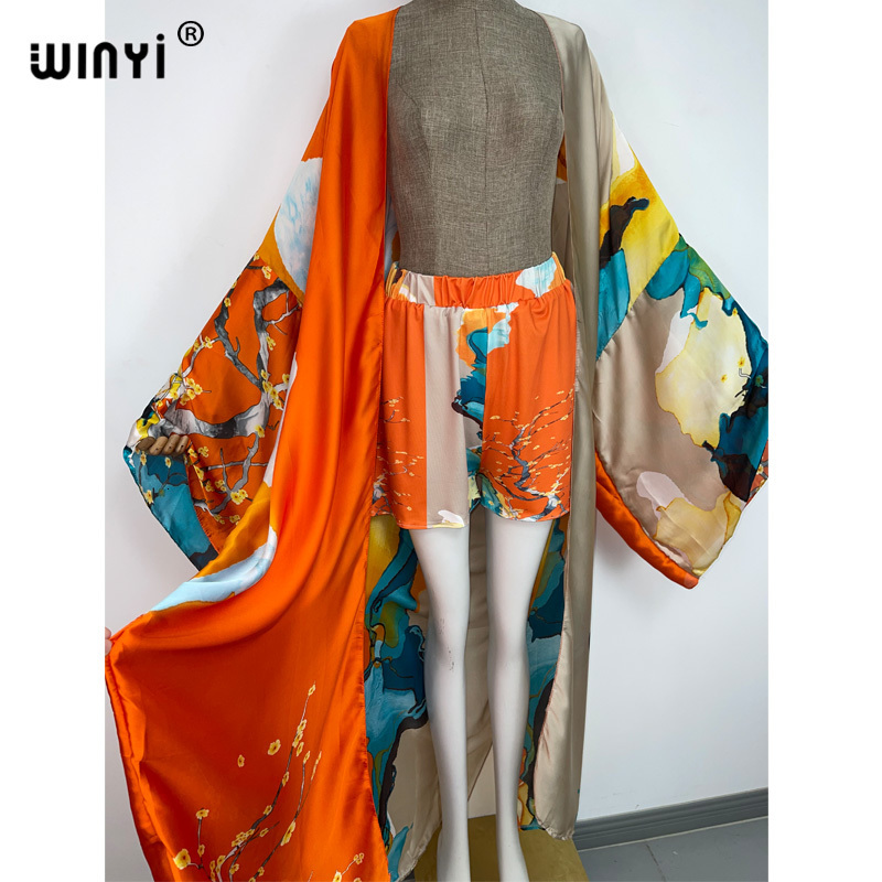 Women's Tracksuits WINYI two-piece suit Boho Printed Over Size V-neck long Sleeve Dress Women Silk feeling Floor Length Fashion dress 230630