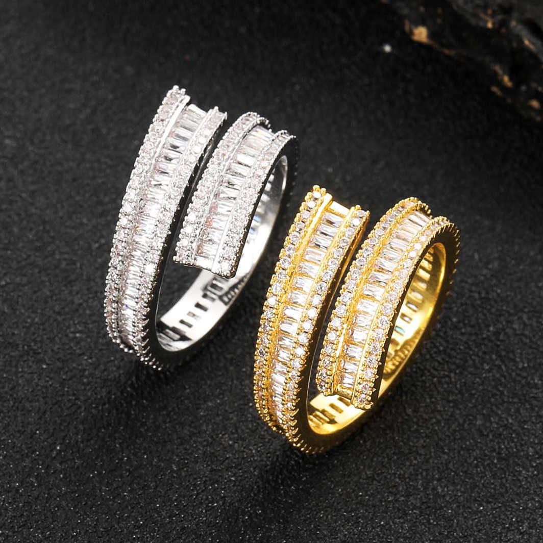 Hip Hop Open Adjustable Baguette Stone Rings For Men And Women Square Iced Out Cubic Zirconia Finger Ring Mens Hip Hop Wolf Tide 18K Gold Plated Gemst