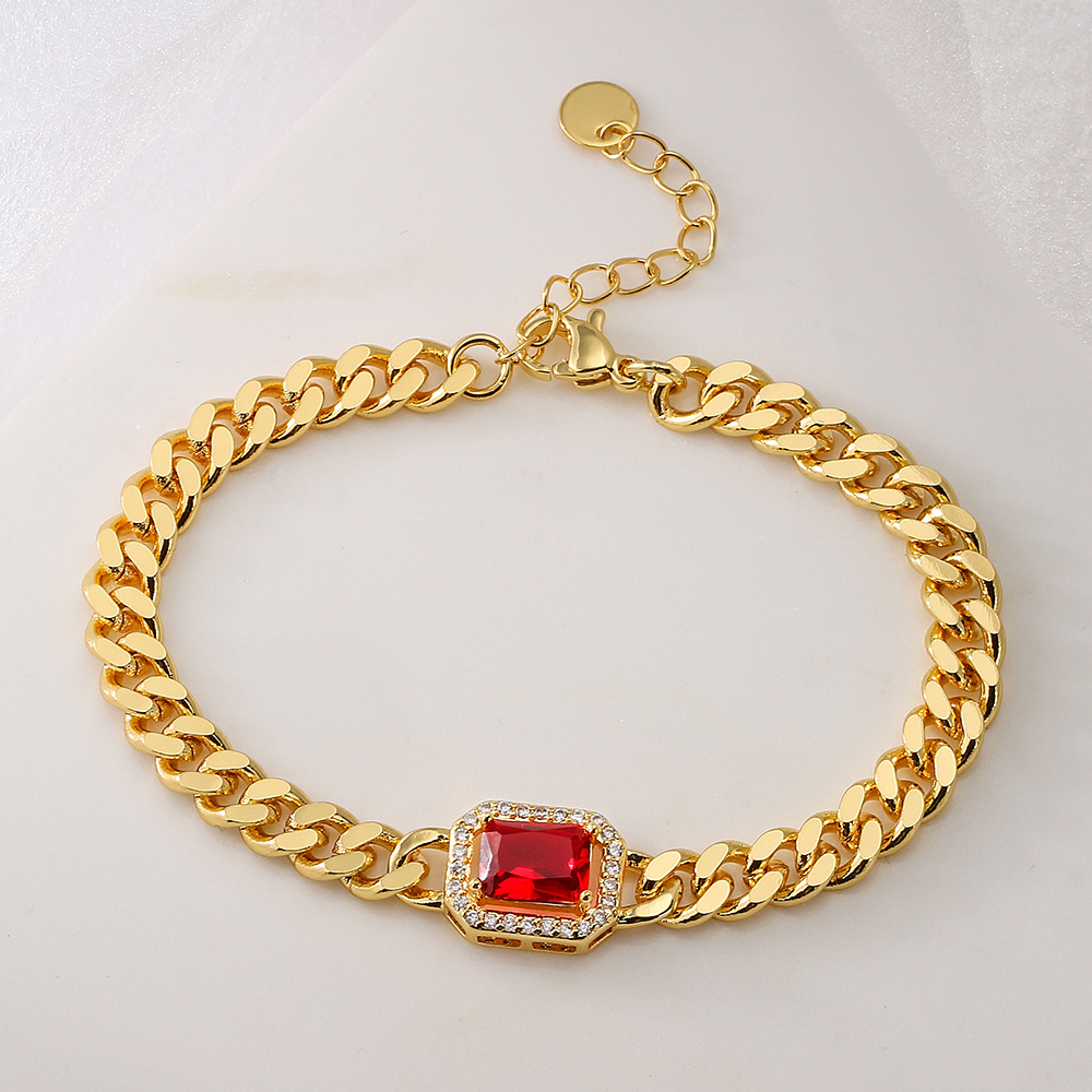 Colorful Square Zircon Charm Bracelet Gold Plated Cuban Link Chain Bracelets for Gift