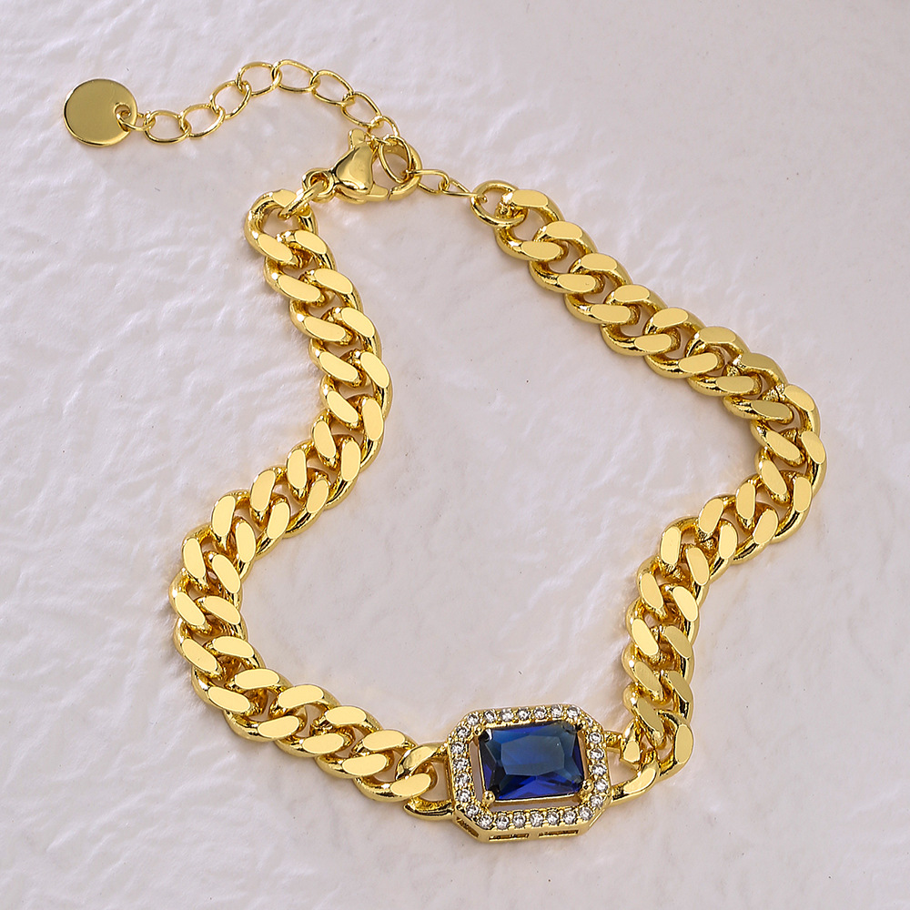Colorful Square Zircon Charm Bracelet Gold Plated Cuban Link Chain Bracelets for Gift