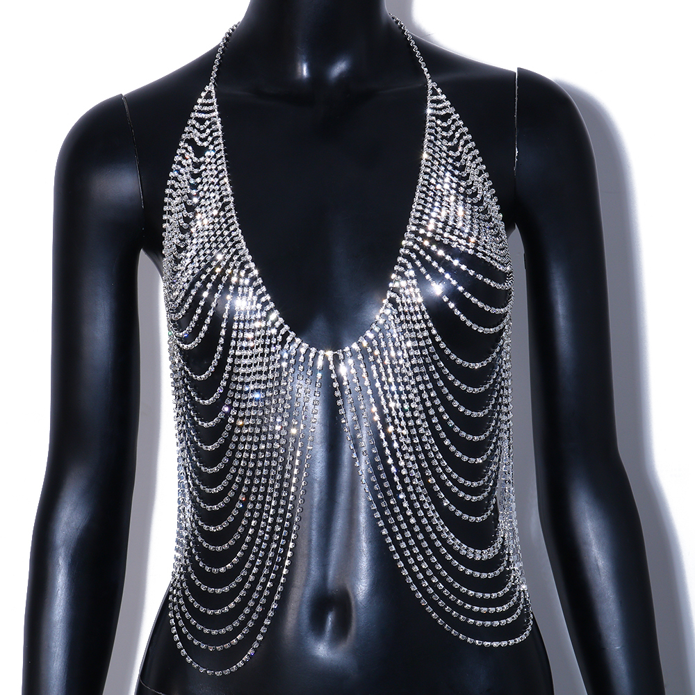 Other Fashion Accessories Stonefans Twinkling Chest Chain Rave Outfits Body Jewelry Multilayer Tassel Crystal Body Chain Bra Bikinis 230701