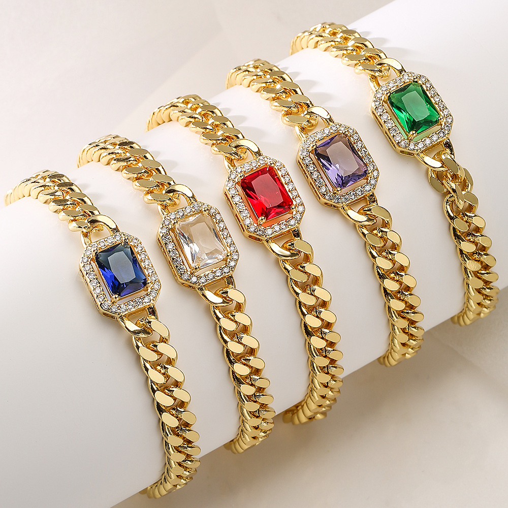Colorful Square Zircon Charm Bracelet Gold Plated Cuban Link Chain Bracelets for Gift