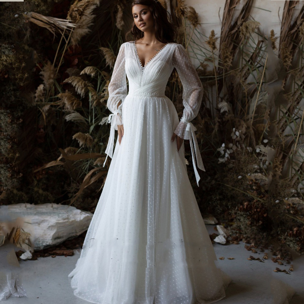 Beautiful Polka Dot A e Wedding Dresses V Neck Puffy Sleeve Lace Bridal Gown Pleat ed Boho Dress For Bride 326