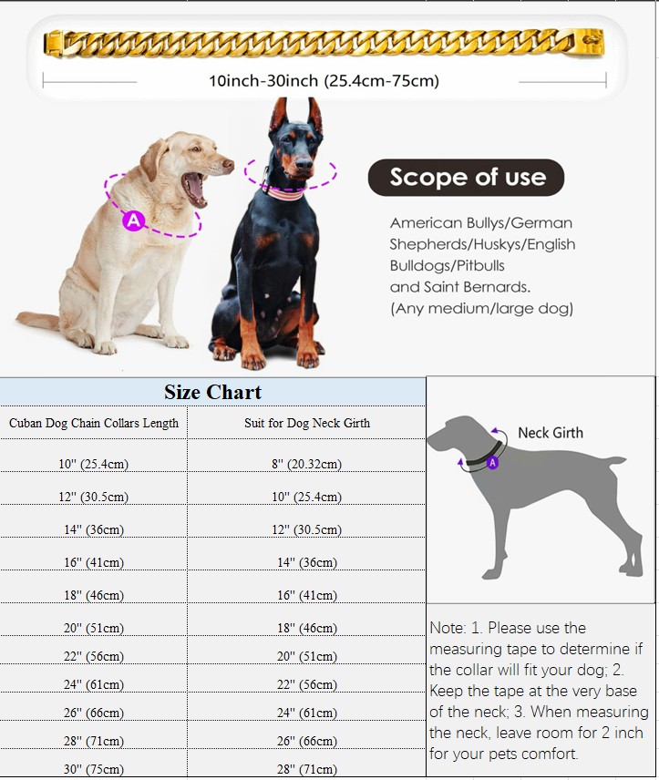 Gold Dog Chain Collar, 18K Collar with Secure Buckle, Stainless Steel Metal Collars, Chew Proof Heavy Duty Cuban Link for Medium Large Dogs