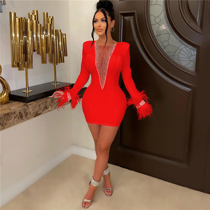 Urban Sexy Dresses Elegant Birthday Dress for Women Crystal Diamonds Feathers Long Sleeve Bodycon Party Night Year Christmas 230630