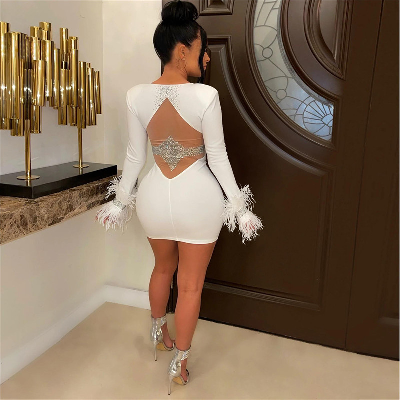 Urban Sexy Dresses Elegant Birthday Dress for Women Crystal Diamonds Feathers Long Sleeve Bodycon Party Night Year Christmas 230630