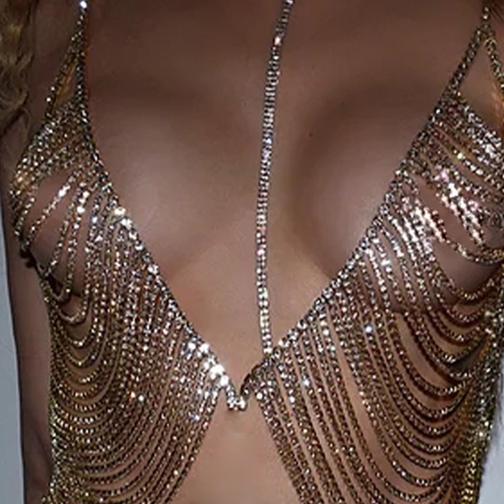 Other Fashion Accessories Stonefans Twinkling Chest Chain Rave Outfits Body Jewelry Multilayer Tassel Crystal Body Chain Bra Bikinis 230701