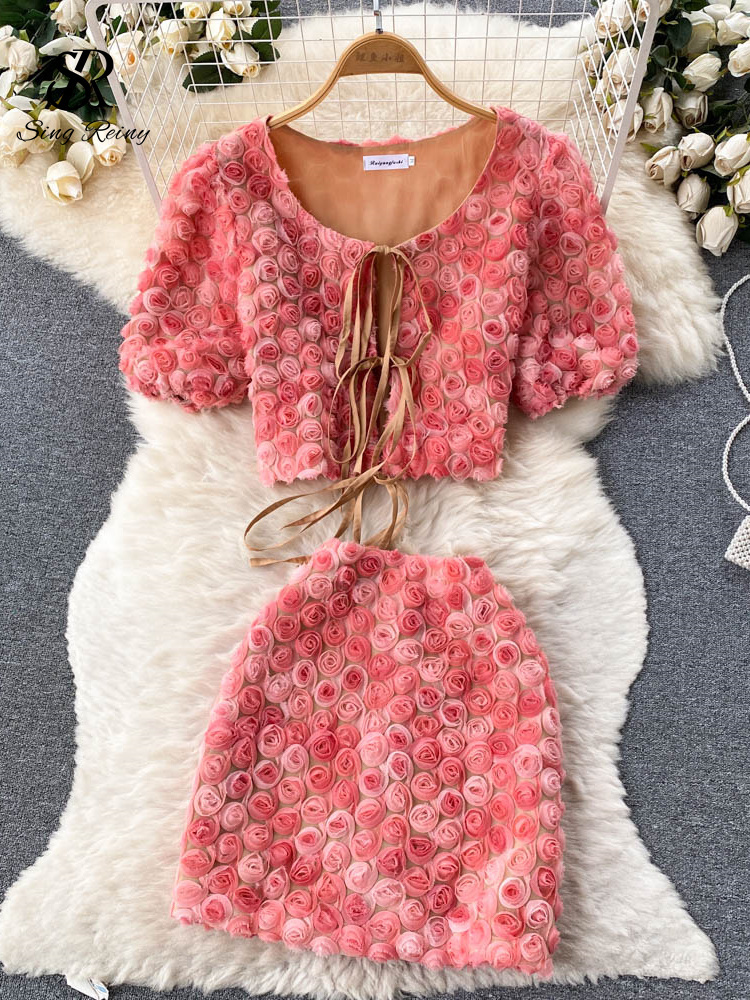 Basic Casual Dresses Fahion 3d Floral Women Sets Summer Short Sleeve Tie Mini Top High Waist Skirt Streetwear Two Pieces Suits